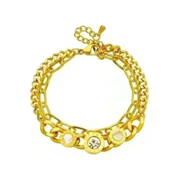 Stainless Steel Gold Plated Roman Numeral Zircon Layered Bracelet - Picture 1 of 8